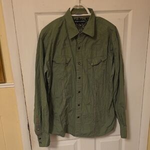 Indigo Star Mens Olive Green Shirt With Design On Front Left Side And On Back.